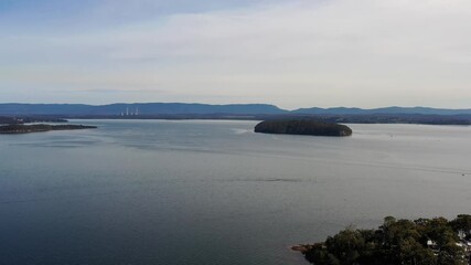 Poster - Lake Macquarie landscapes in aerial landing down to Murrays beach town as 4k.
