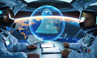 Wall Mural - Astronauts Reviewing Plans in Spacecraft