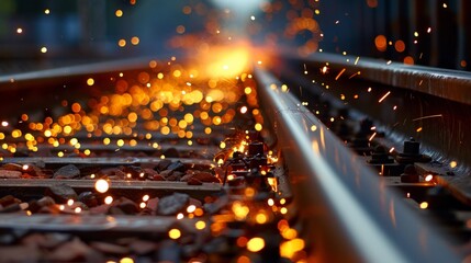 Wall Mural - Metal train tracks with bright sparks converging in a dynamic environment, possibly hinting at construction or maintenance work on the railway.