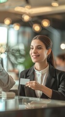 Wall Mural - Woman in black suit smiling, holding credit card. Situated behind desk with laptop and cups implies hotel reception setting.