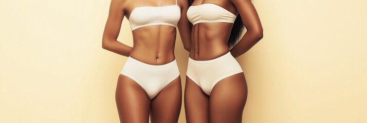 Wall Mural - Two women wearing white underwear and bathing suits. The women are standing next to each other. The image has a bright and cheerful mood