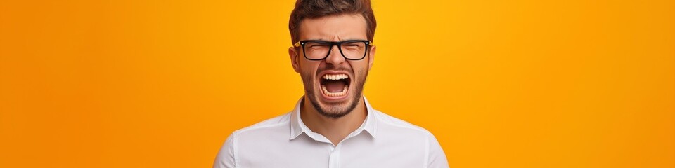 Wall Mural - A man with glasses and a red mouth is staring at the camera. The man's expression is angry and he is yelling