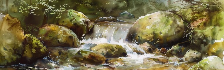 Wall Mural - Watercolor Painting of a Cascading Waterfall in a Lush Forest