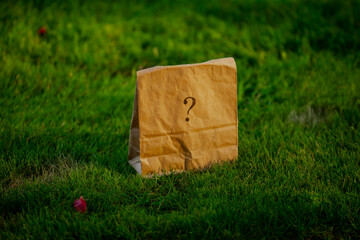 Surprise mysterious paper back with a question mark close up on green grass for a magician kit