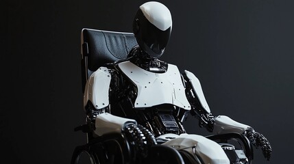 A futuristic robot in a black leather chair with a white helmet sits with its hands resting in its lap.