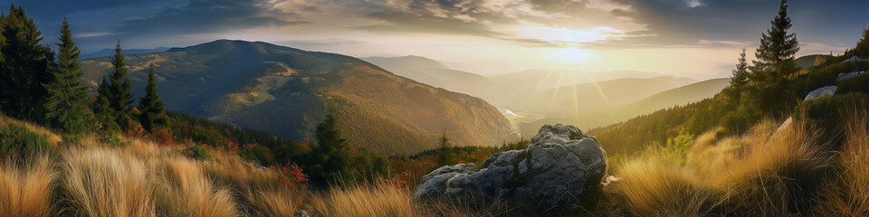 Wall Mural - a beautiful mountain landscape with a large rock in the foreground