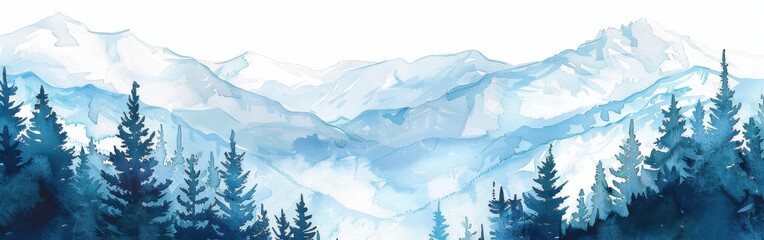 Wall Mural - Watercolor Painting Of A Snowy Mountain Range In The Winter