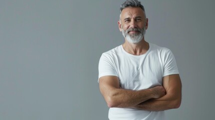 Poster - A man with a white shirt and gray hair is smiling and crossing his arms