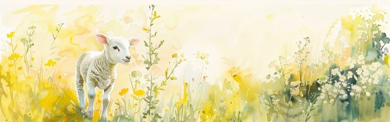 Wall Mural - A Single Lamb Standing in a Field of Yellow Flowers