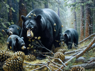 Sticker - A painting of a black bear and its cubs eating pine cones. The mood of the painting is peaceful and serene, as the bears are enjoying a moment of rest in the woods