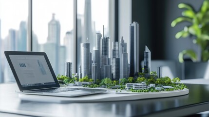Poster - Clean workspace with an open laptop and a futuristic city model
