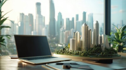 Poster - Clean workspace with an open laptop and a futuristic city model