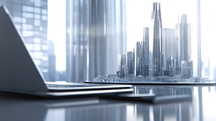 Poster - Clean workspace with an open laptop and a futuristic city model