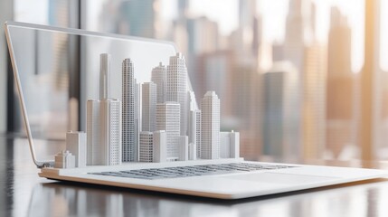 Poster - Clean workspace with an open laptop and a futuristic city model