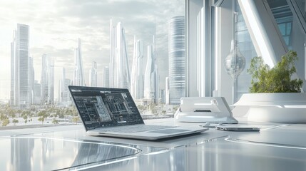 Poster - Clean workspace with an open laptop and a futuristic city model