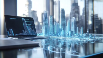 Poster - Clean workspace with an open laptop and a futuristic city model
