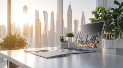 Poster - Clean workspace with an open laptop and a futuristic city model