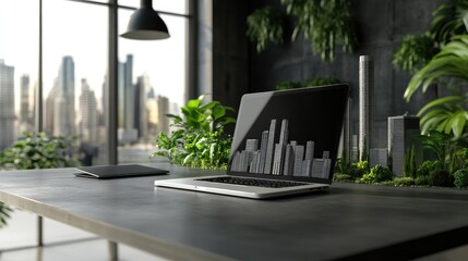 Poster - Clean workspace with an open laptop and a futuristic city model