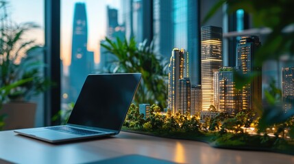 Poster - Clean workspace with an open laptop and a futuristic city model