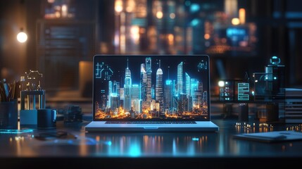 Poster - Clean workspace with an open laptop and a futuristic city model