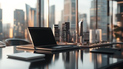 Poster - Clean workspace with an open laptop and a futuristic city model