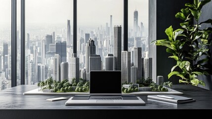 Poster - Clean workspace with an open laptop and a futuristic city model