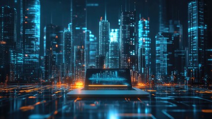 Poster - Clean workspace with an open laptop and a futuristic city model
