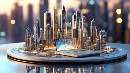 Poster - Clean workspace with an open laptop and a futuristic city model