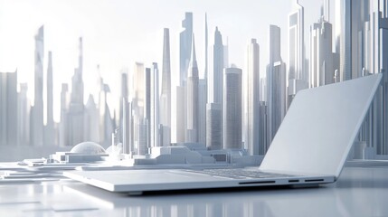 Poster - Clean workspace with an open laptop and a futuristic city model