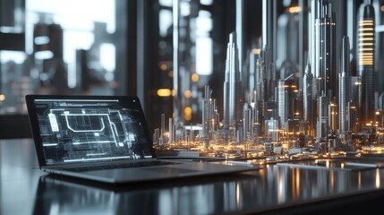 Poster - Clean workspace with an open laptop and a futuristic city model