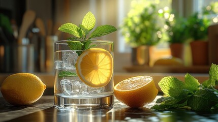 An elegant glass of water with a slice of lemon and a sprig of mint, refreshing and stylish