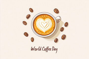 Stylized illustration of a coffee cup with heart-shaped latte art surrounded by coffee beans, featuring 