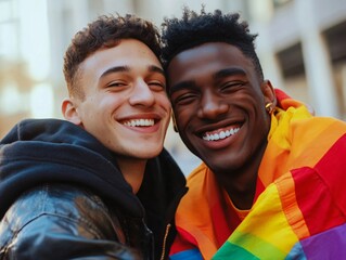 two young men express their support for lgbt pride as they smile and embrace