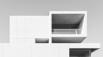 Poster - Minimalist white concrete building with geometric cutouts and shadows