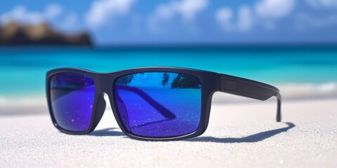 Sunglasses Reflecting Tropical Beach on Sandy Shore – Fashion, Summer Accessories, Travel