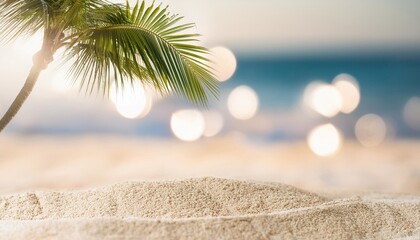 Sticker - selective focus on sand with blurred palm on beach bokeh background