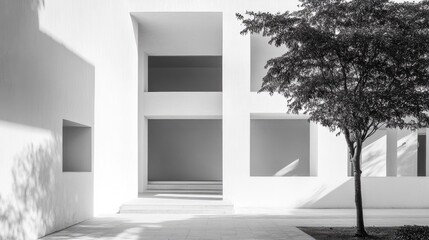 Poster - Minimalist white concrete building with geometric cutouts and shadows