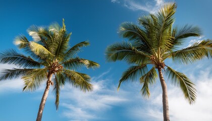 an image of two nice palm trees with blue sky beautiful tropical background