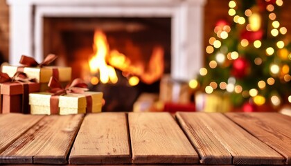 Wall Mural - christmas background wooden background closeup with blurred christmas tree and gifts against the backdrop of the fireplace and holiday lights