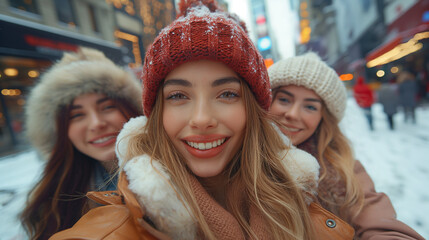 Wall Mural - Three beautiful smiling girlfriends taking selfie with mobile phone. Multi ethnic group of women sitting outdoors by the city street and taking self portrait.