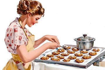 Young woman wearing apron cooking on kitchen vintage illustration isolated on a white background