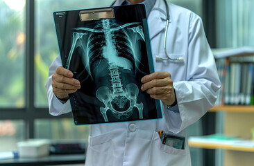 Poster - A doctor in a white coat holding an X-ray of a patient's back, showing the spine and bone structure