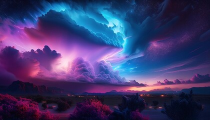 Wall Mural - dazzling cosmic storm glowing neon clouds in surreal digital sky landscape