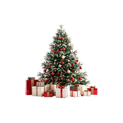 a green christmas tree with sparkling ornaments, neatly arranged white gifts decorated with red ribb