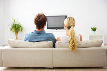 Two individuals, backs to the camera, sitting on a couch, engrossed in a television program, with a plain white background, conveying relaxation and togetherness.