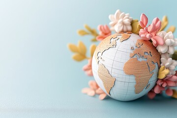 A decorative globe surrounded by colorful flowers on a soft blue background, symbolizing unity and nature's beauty.