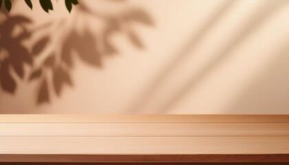 Wall Mural - empty wood table top on beige wall texture with tree leaves shadow background