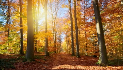 Wall Mural - forest path in beautiful autumn light with rays of sunlight blue sky and tall colorful beech trees