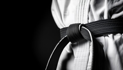 low angle view of a black belt on a pristine white budo gi monochrome softly blurred black background high contrast lighting photorealistic detail focused and dramatic