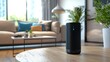 © Pikul - A stylish black smart speaker on a wooden table in a cozy living room with plants and modern decor.